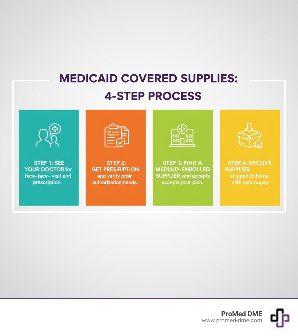 infographic showing 4-step process to get Medicaid covered supplies: Step 1 shows doctor consultation icon with text See Your Doctor for face-to-face visit and prescription, Step 2 shows document approval icon with text Get Prescription and verify prior authorization needs, Step 3 shows building icon with text Find a Medicaid-Enrolled Supplier who accepts your plan, Step 4 shows delivery box icon with text Receive Supplies shipped to home with zero copay - medicaid covered medical supplies infographic infographic showing 4-step process to get Medicaid covered supplies: Step 1 shows doctor consultation icon with text See Your Doctor for face-to-face visit and prescription, Step 2 shows document approval icon with text Get Prescription and verify prior authorization needs, Step 3 shows building icon with text Find a Medicaid-Enrolled Supplier who accepts your plan, Step 4 shows delivery box icon with text Receive Supplies shipped to home with zero copay - medicaid covered medical supplies infographic