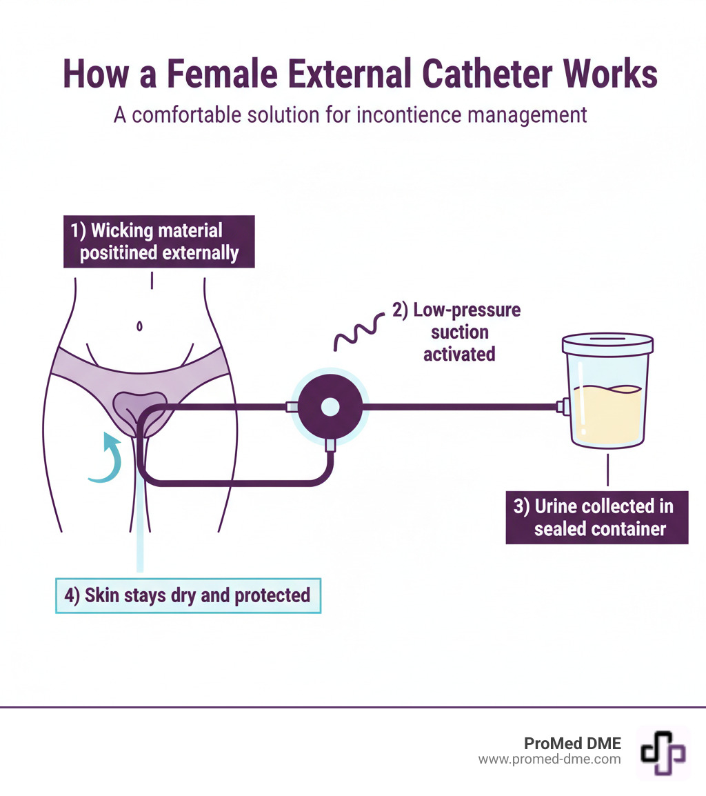 Infographic showing how a female external catheter works: soft flexible wick placed between labia, connected via tubing to a suction pump, which draws urine into a collection canister. Labels indicate: 1) Wicking material positioned externally 2) Low-pressure suction activated 3) Urine collected in sealed container 4) Skin stays dry and protected - Female external catheters infographic 