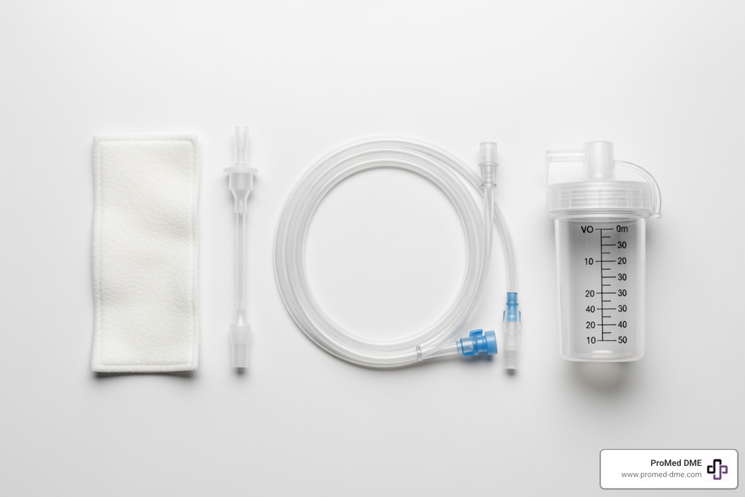 Image showing the components of a suction-based external catheter system: the wick, tubing, and collection canister, laid out clearly on a clean surface. - Female external catheters
