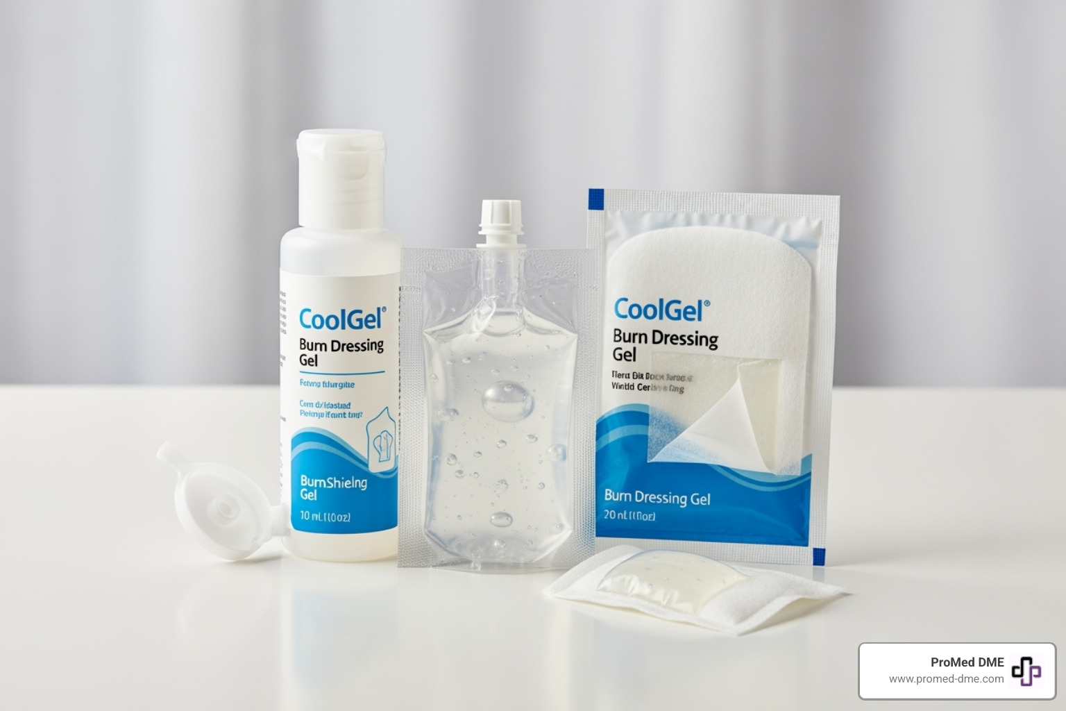 image of different forms of burn dressing gel (sachet, bottle, impregnated dressing) - burn dressing gel