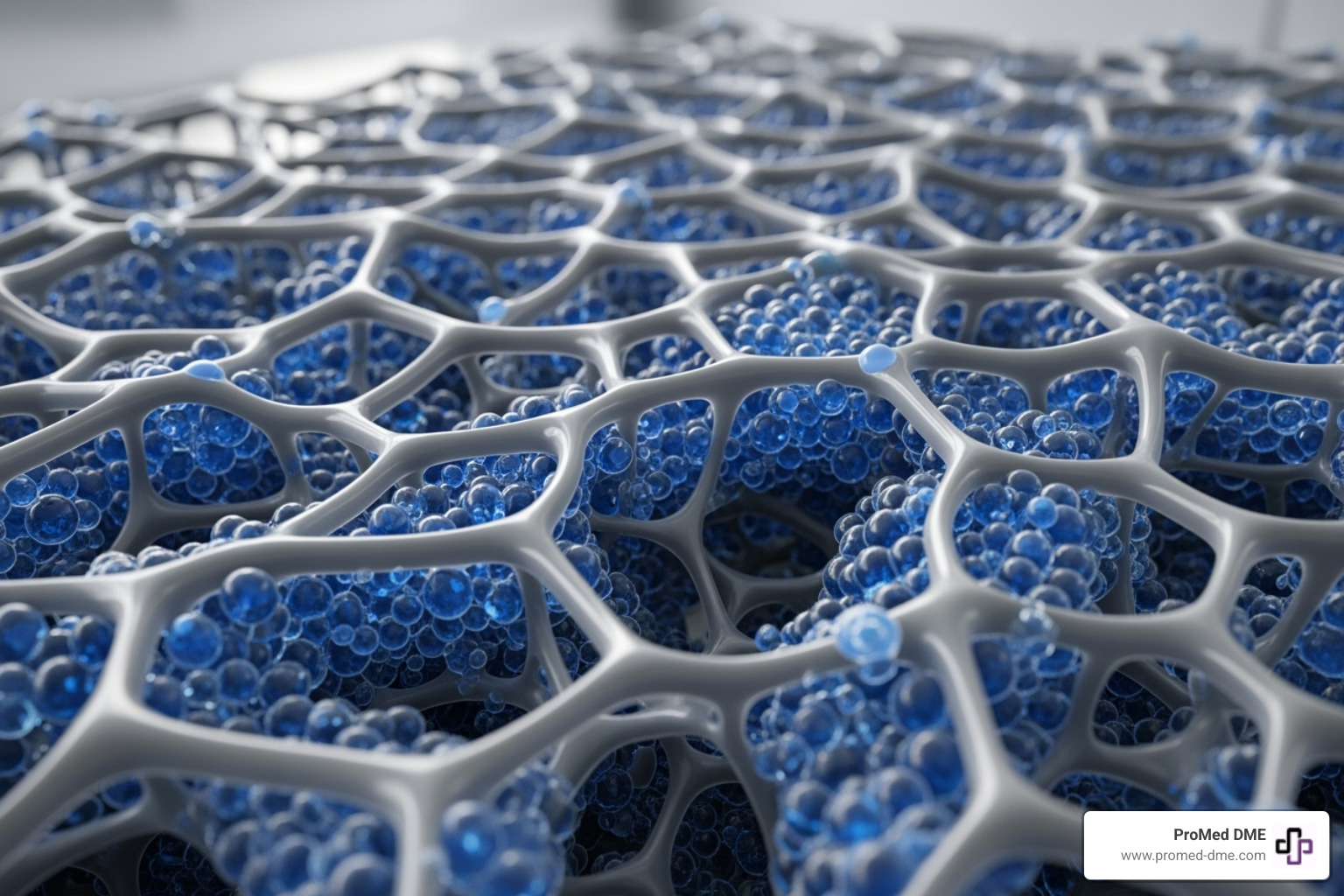 image illustrating the 3D polymer structure of a hydrogel dressing trapping water molecules - burn dressing gel