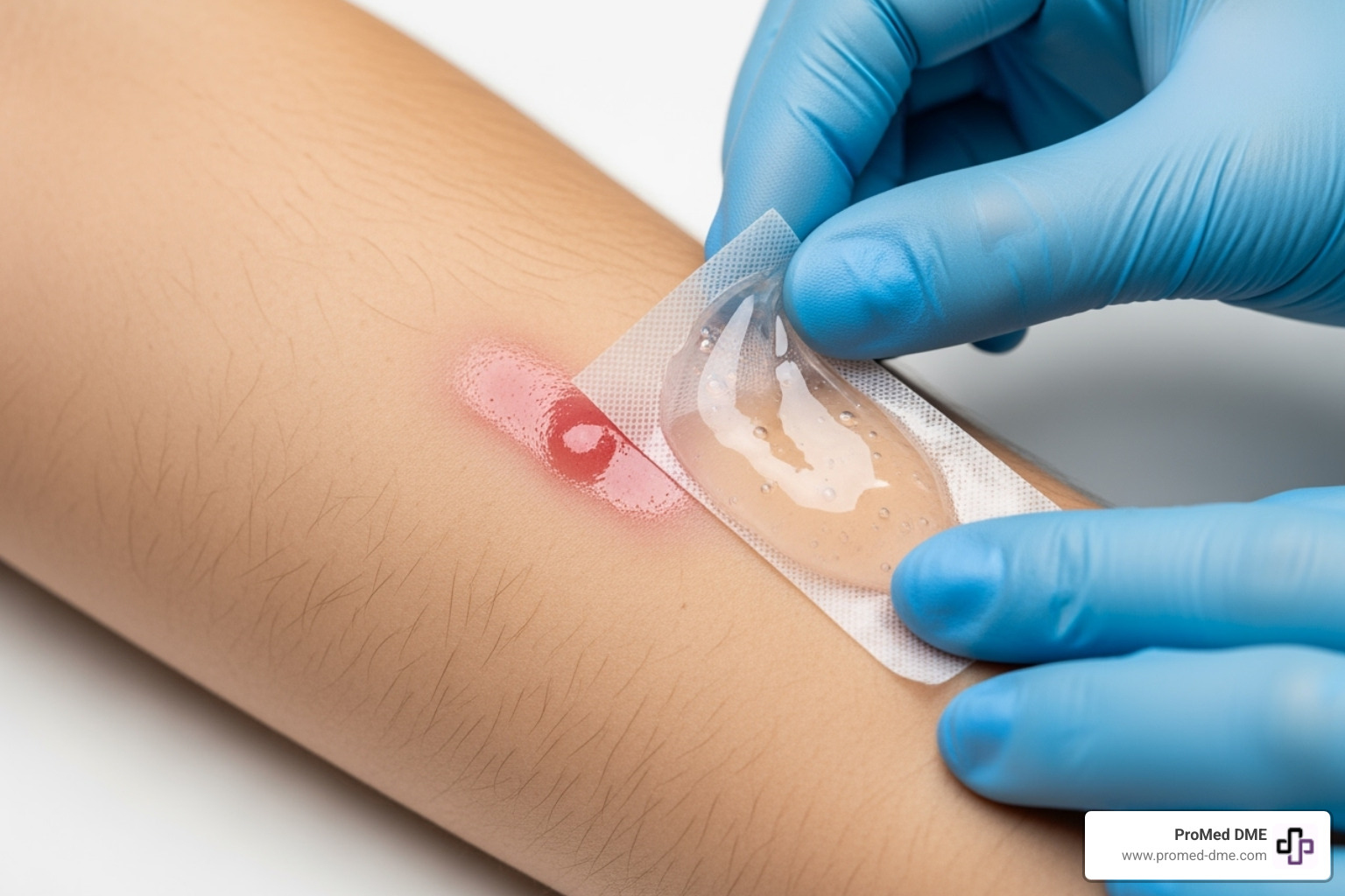 image showing a hydrogel dressing being applied to a minor burn on an arm - burn dressing gel