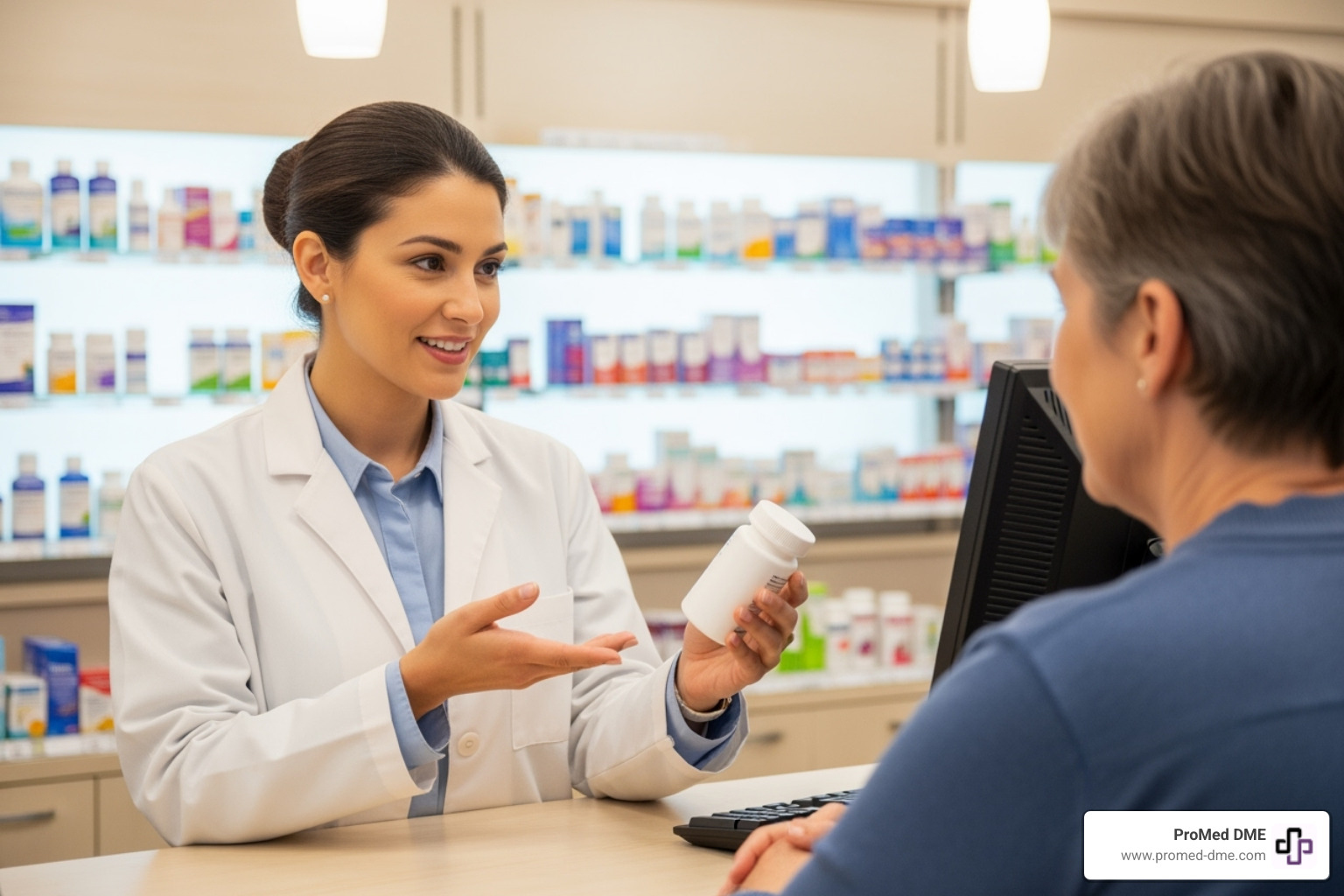 Pharmacist talking to a patient over the counter - how to get help with prescriptions without insurance