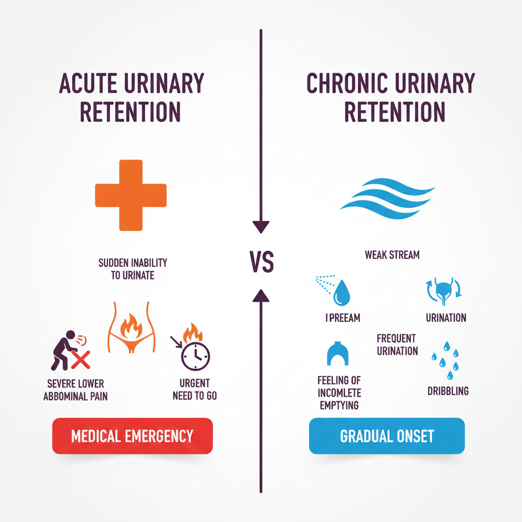 infographic showing acute urinary retention symptoms on left including sudden inability to urinate, severe lower abdominal pain, and urgent need to go versus chronic urinary retention symptoms on right including weak stream, frequent urination, feeling of incomplete emptying, and dribbling, with acute marked as medical emergency and chronic as gradual onset - urinary retention solutions infographic infographic showing acute urinary retention symptoms on left including sudden inability to urinate, severe lower abdominal pain, and urgent need to go versus chronic urinary retention symptoms on right including weak stream, frequent urination, feeling of incomplete emptying, and dribbling, with acute marked as medical emergency and chronic as gradual onset - urinary retention solutions infographic