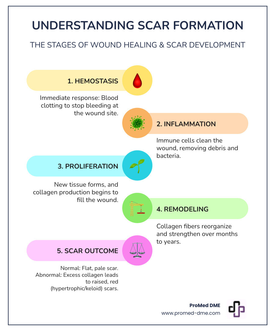 Infographic showing wound healing stages and abnormal scarring development: Stage 1 Hemostasis with blood clotting, Stage 2 Inflammation with immune response, Stage 3 Proliferation with collagen formation, Stage 4 Remodeling with scar maturation. Branching arrows show normal healing leading to flat pale scar versus abnormal healing with excess collagen leading to raised red hypertrophic or keloid scars - Silicone gel sheets infographic infographic-line-5-steps-colors