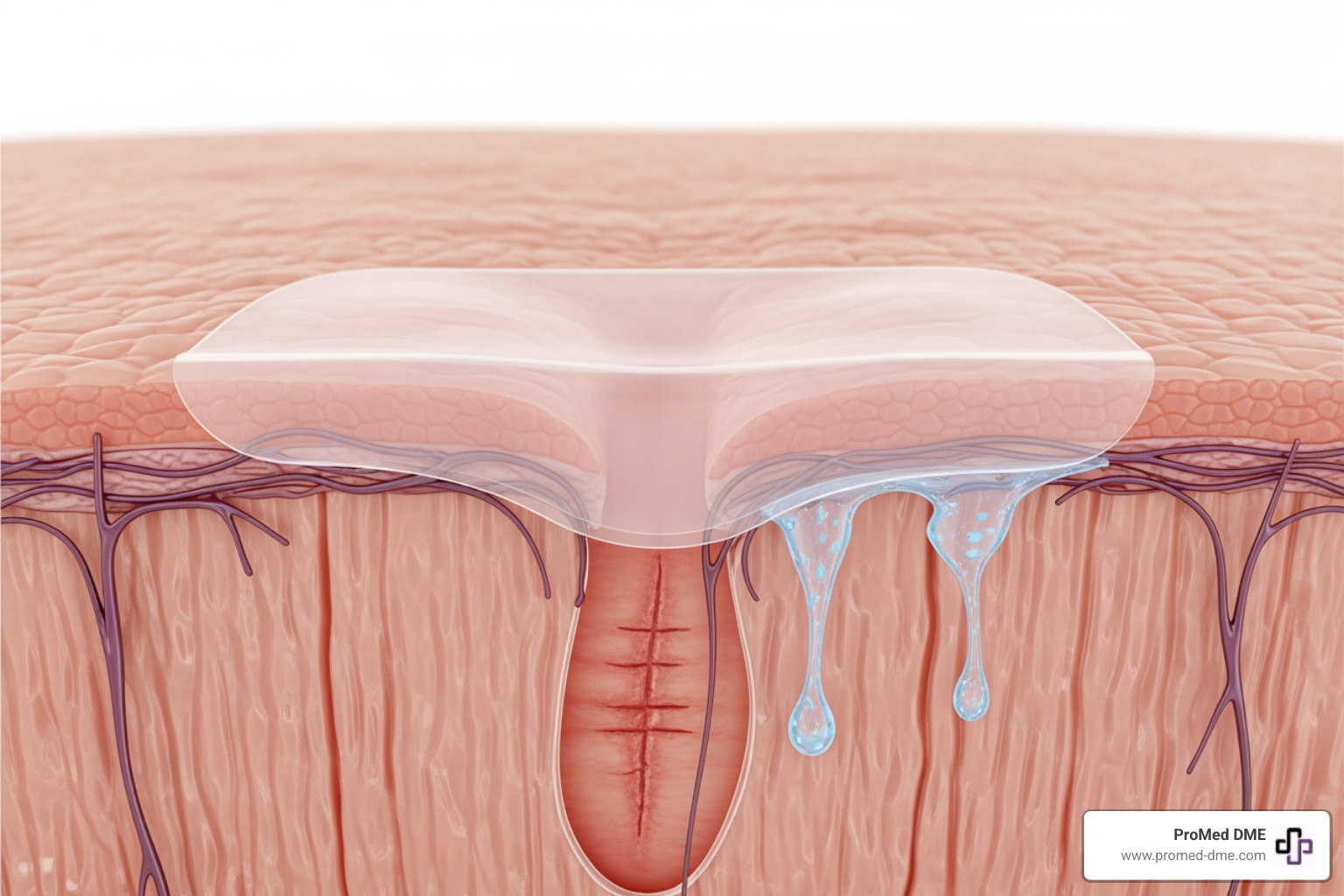 image of a skin cross-section showing a silicone sheet hydrating the stratum corneum over a scar - Silicone gel sheets
