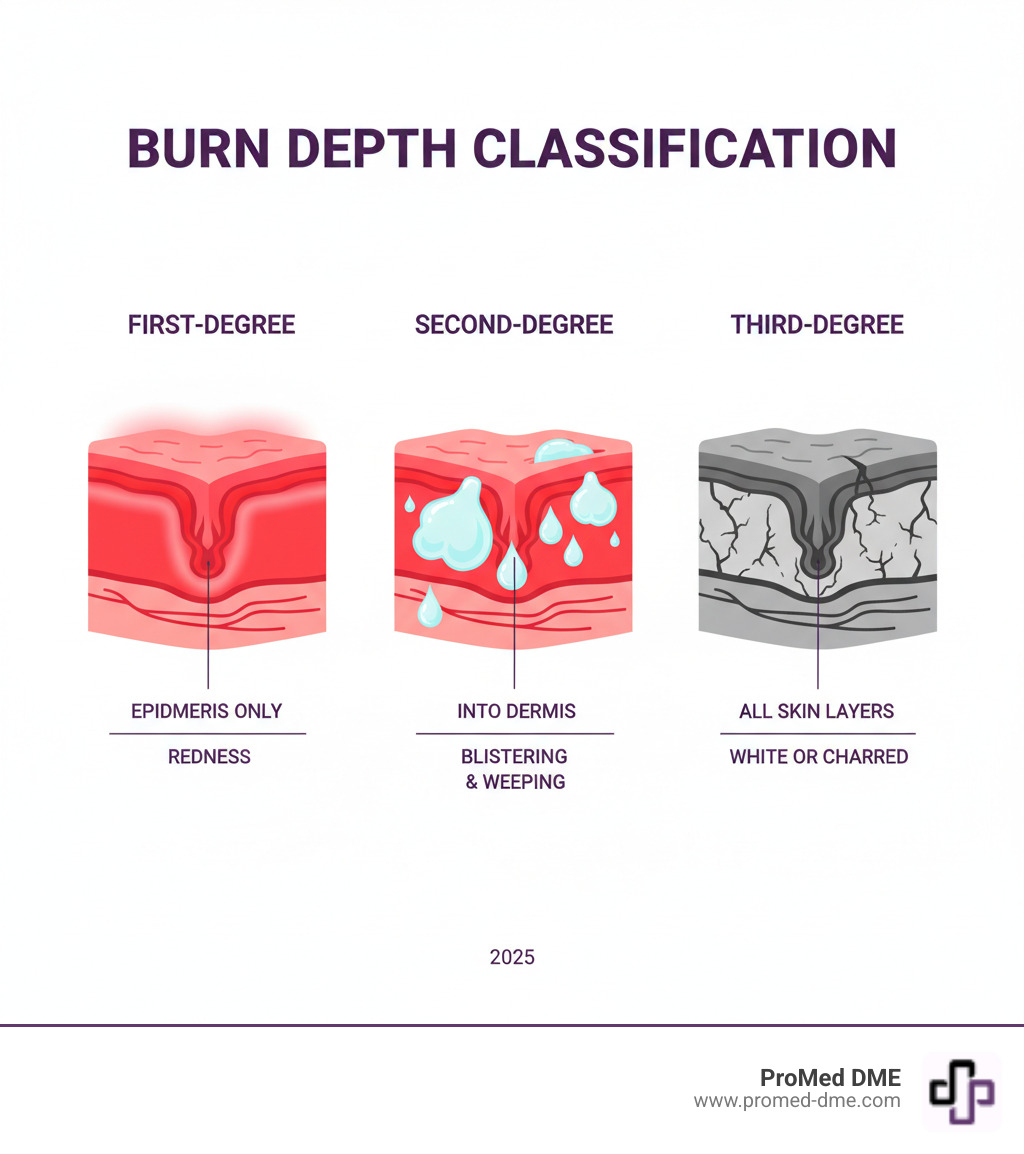 infographic showing burn depth classification with three layers: first-degree burns affecting only the epidermis with redness, second-degree burns extending into the dermis with blistering and weeping, and third-degree burns penetrating through all skin layers appearing white or charred - wound dressing for burns infographic infographic showing burn depth classification with three layers: first-degree burns affecting only the epidermis with redness, second-degree burns extending into the dermis with blistering and weeping, and third-degree burns penetrating through all skin layers appearing white or charred - wound dressing for burns infographic