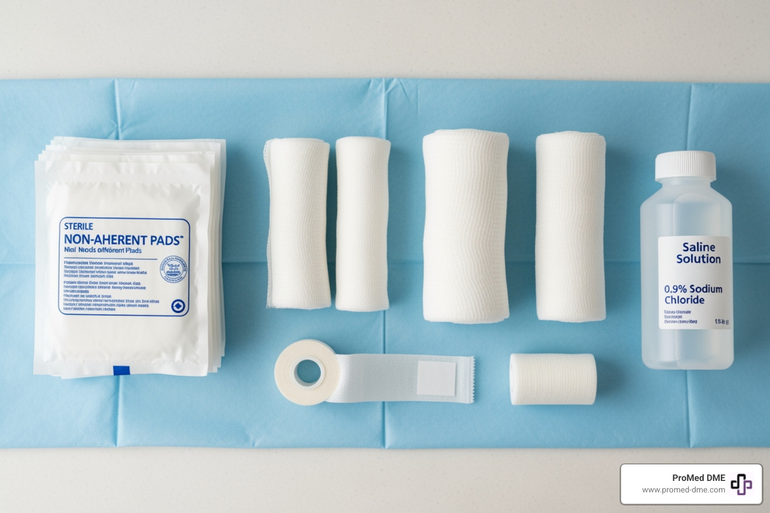 essential supplies for a home dressing change: sterile non-adherent pads, gauze rolls, medical tape, and saline solution - wound dressing for burns essential supplies for a home dressing change: sterile non-adherent pads, gauze rolls, medical tape, and saline solution - wound dressing for burns