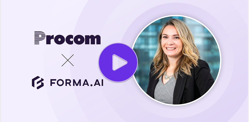 Portrait of a smiling woman with long blonde hair in a blazer, next to Procom and Forma.ai logos.
