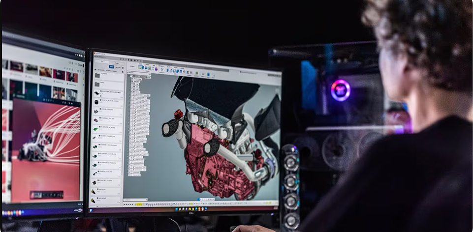 Person working on 3D modeling of a mechanical part on dual computer monitors in a dark room.