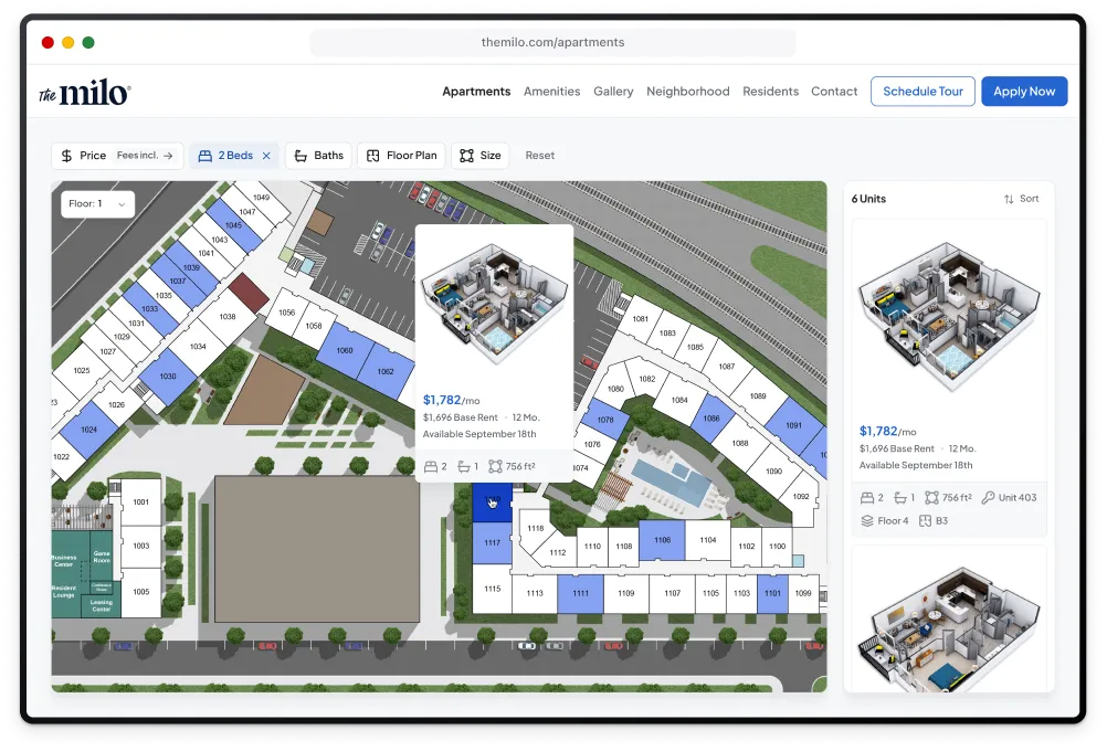 Interactive map embed shown on a property website with unit level leasing content