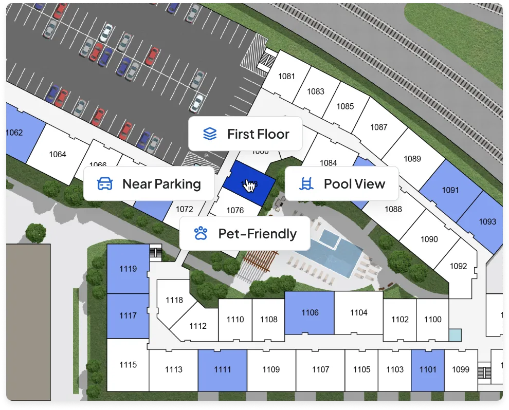Engrain interactive property map with unit-level data for visual search context