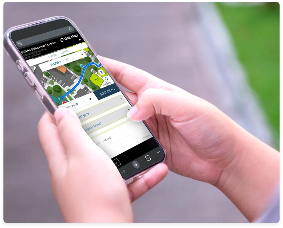 Person using SightMap on an apartment website to wayfind on a live map.