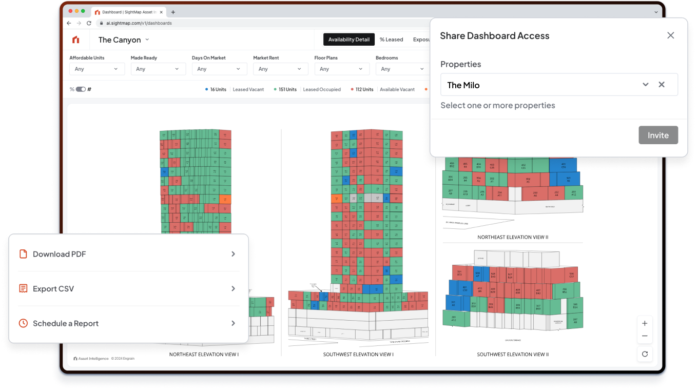 Asset Intelligence dashboard with share permissions and PDF exports