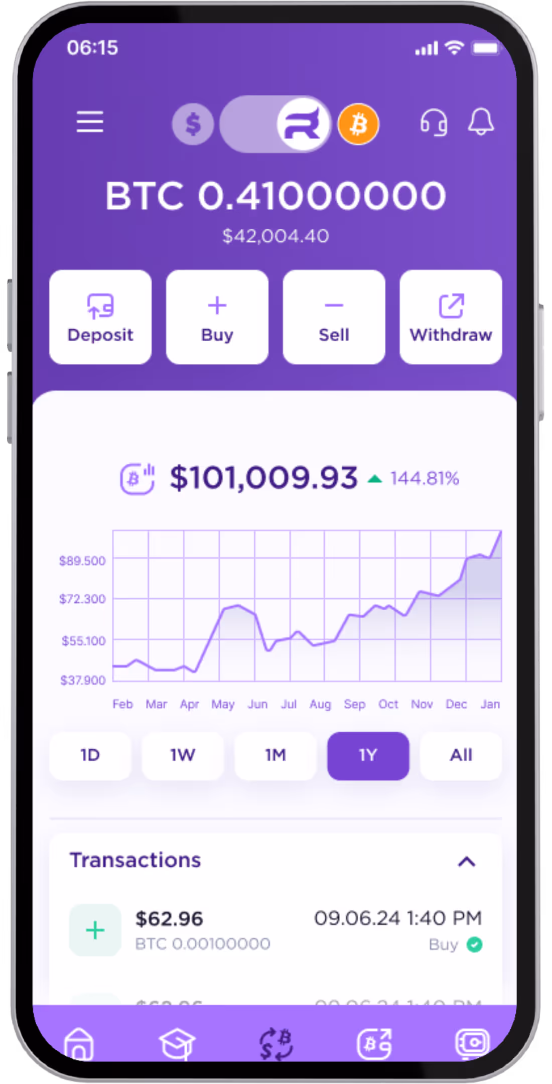 Rhino Bitcoin App Home Screen