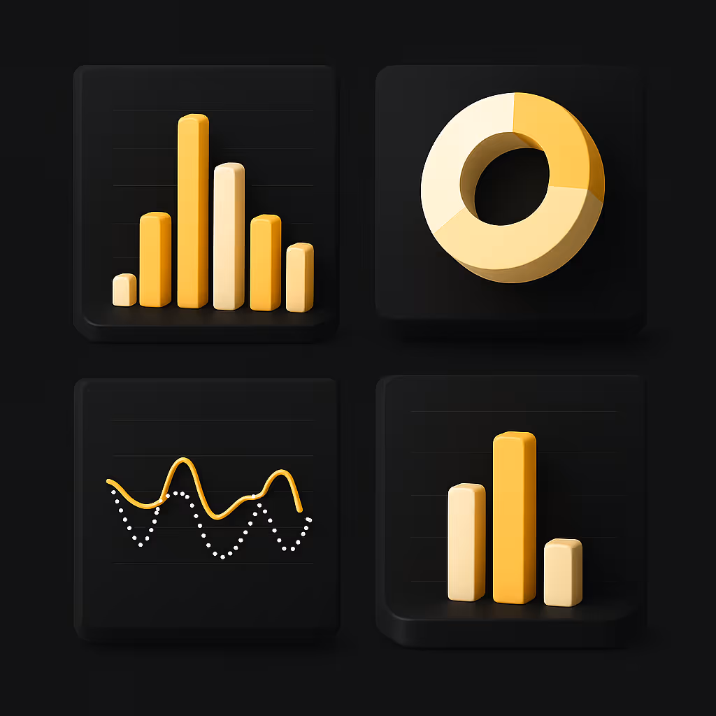 Four 3D-style data visualizations by Twin Flame Group, showcasing actionable data insights for every business: a bar graph comparing categories, a pie chart illustrating data proportions, a line graph tracking trends over time, and a column graph highlighting numerical comparisons.