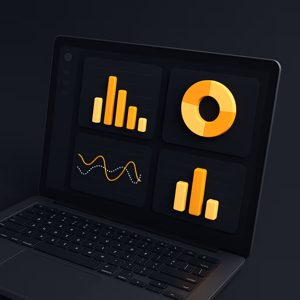 3D-rendered digital illustration showing a laptop with colorful data visualizations on the screen, symbolizing easy-to-use dashboards for visualizing business metrics.