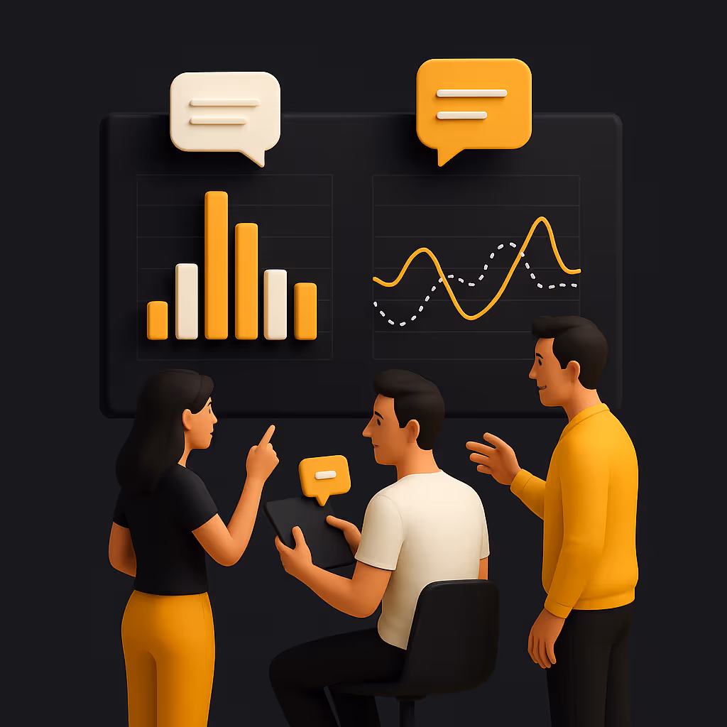3D-rendered digital illustration showcasing collaborative analytics with team members sharing dashboards and reviewing data insights together, emphasizing teamwork and seamless collaboration using the latest business analytics tools.