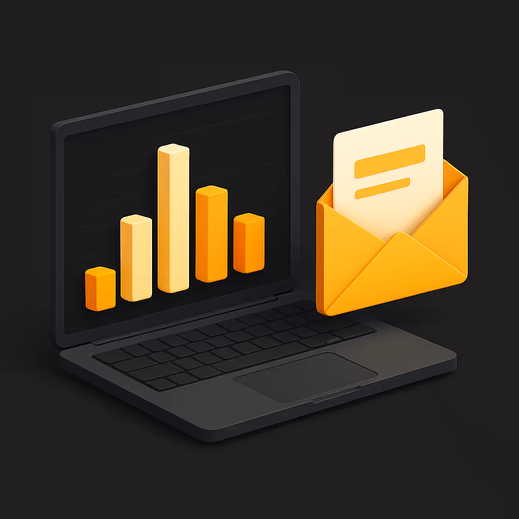 3D rendered illustration showcasing an automated report system on a laptop screen, with a focus on efficiency and streamlined processes. Features a minimalist design with a vibrant color palette, emphasizing the concept of automated business reporting and data management.