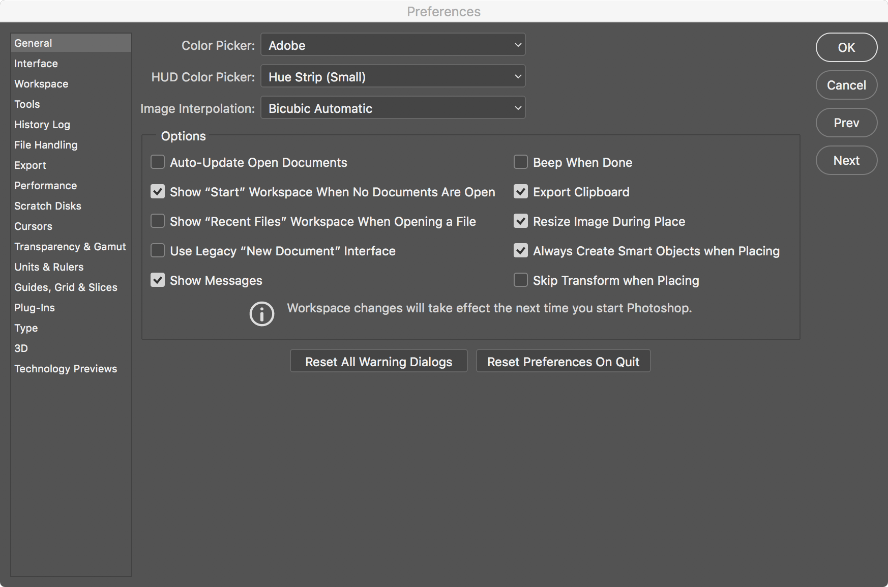 Photoshop preferences dialog