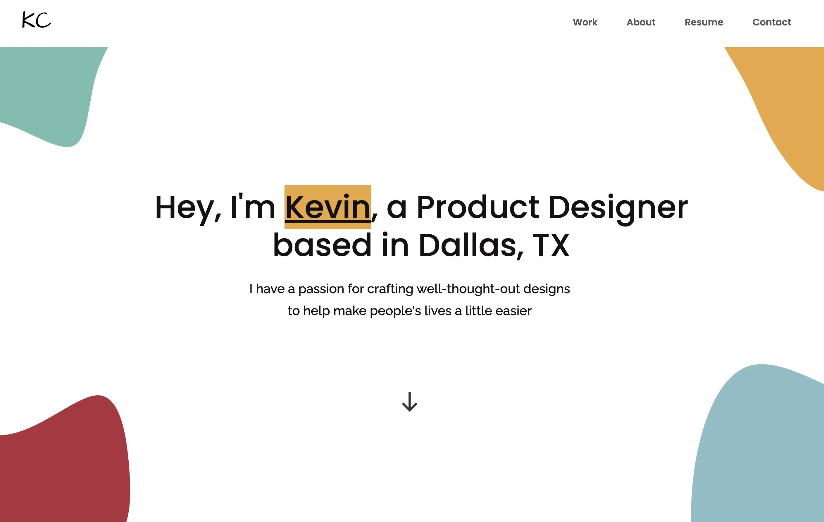 A screenshot of the homepage of Kevin portfolio.