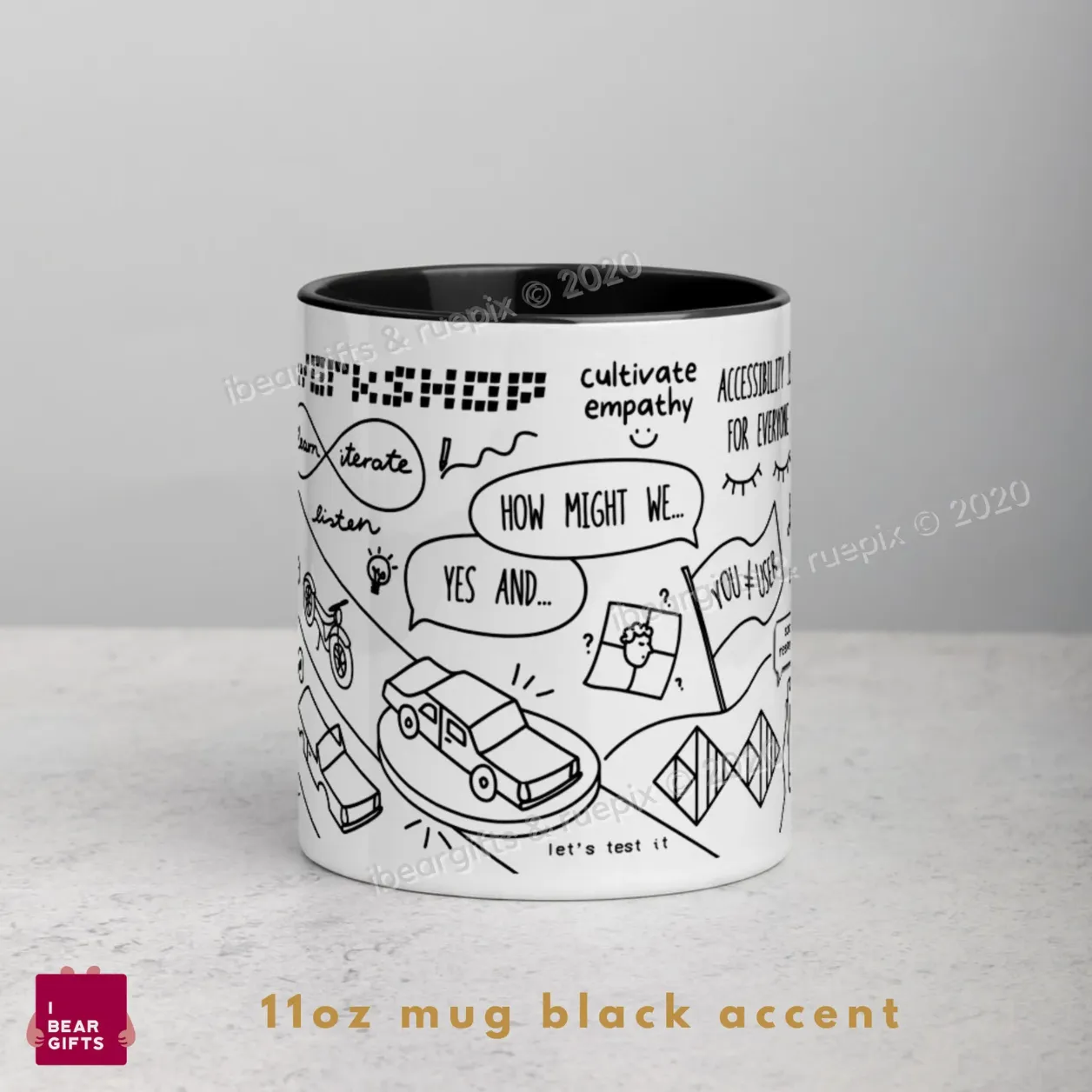 An image of a white mug with black doodles all over it.