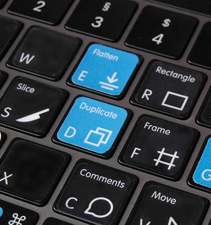 An image of stickers on a keyboard featuring Figma shortcuts.