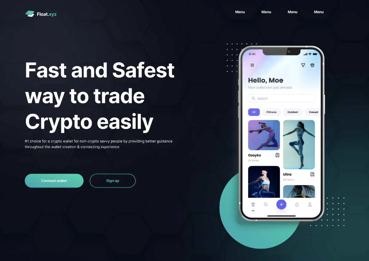 A UI design of a crypto trading website landing page.