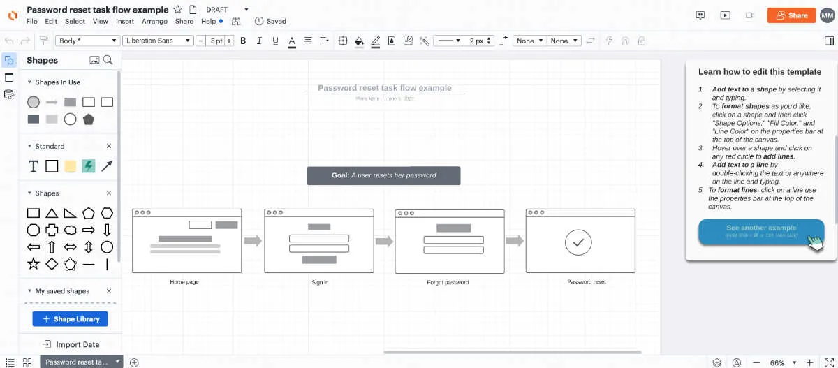 A screenshot of the Lucidchart interface for UX design wireframes