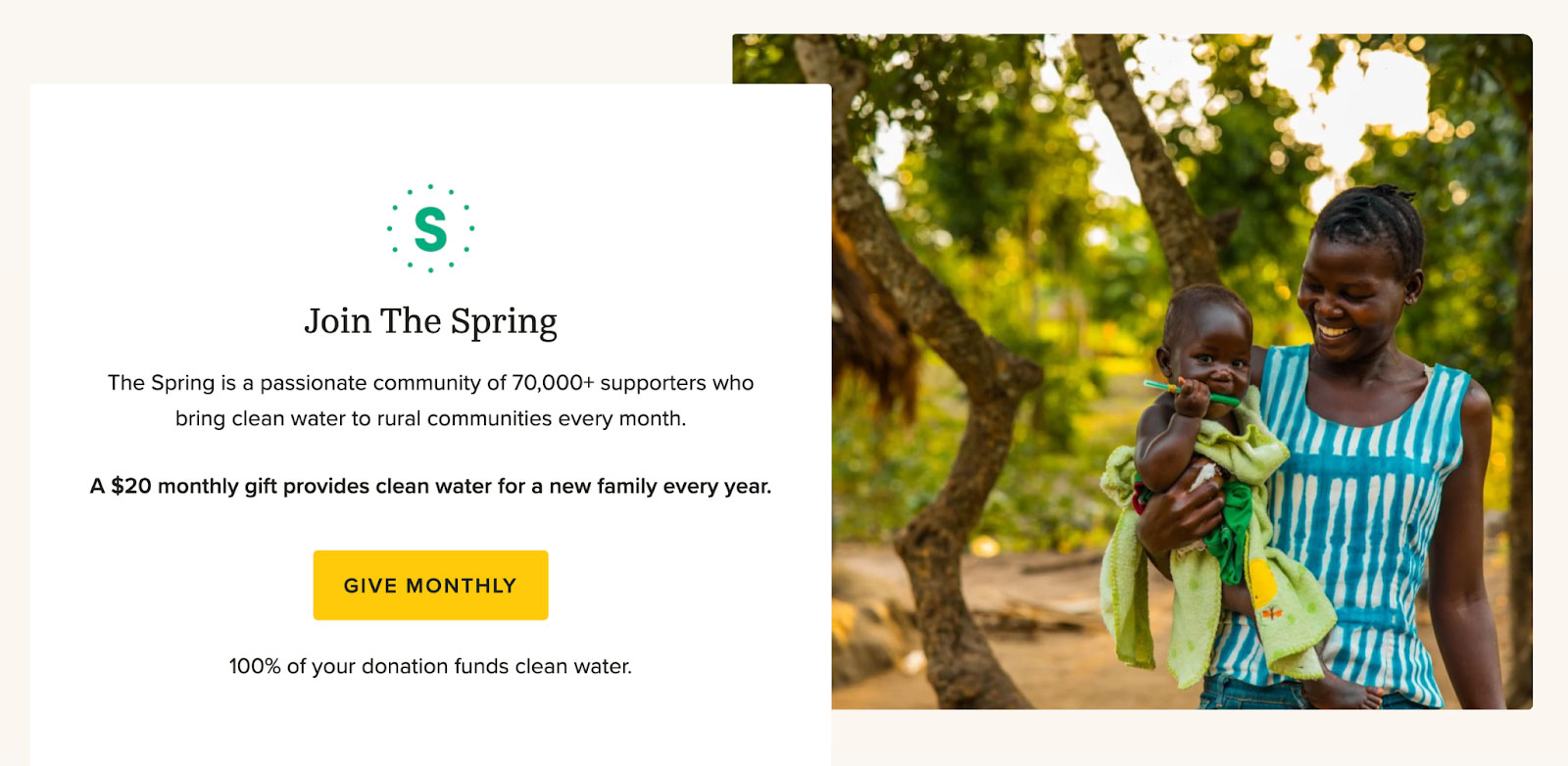 This is a screenshot of a donation CTA for charitable organization Charity:Water