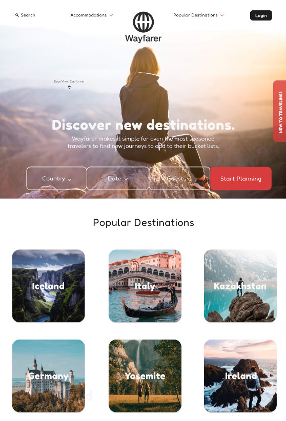 Screenshot of UX design work for a travel website.