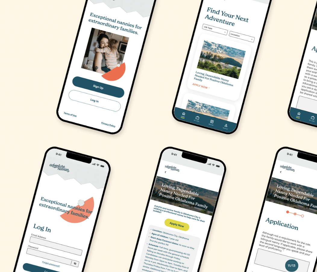 Mobile screens for app Adventure Nannies.