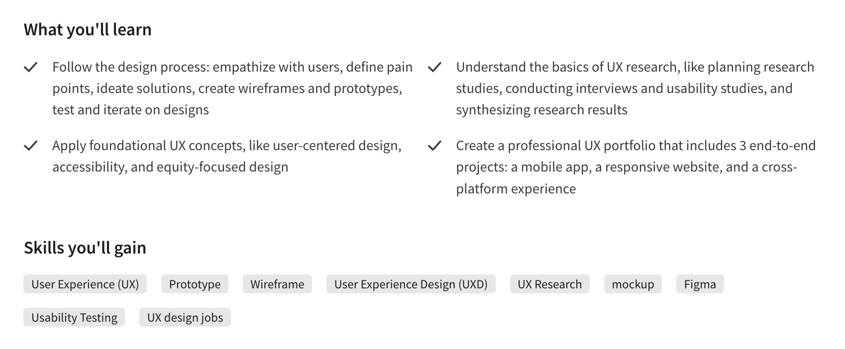 Screenshot of information about the Google UX Certificate through Coursera. 