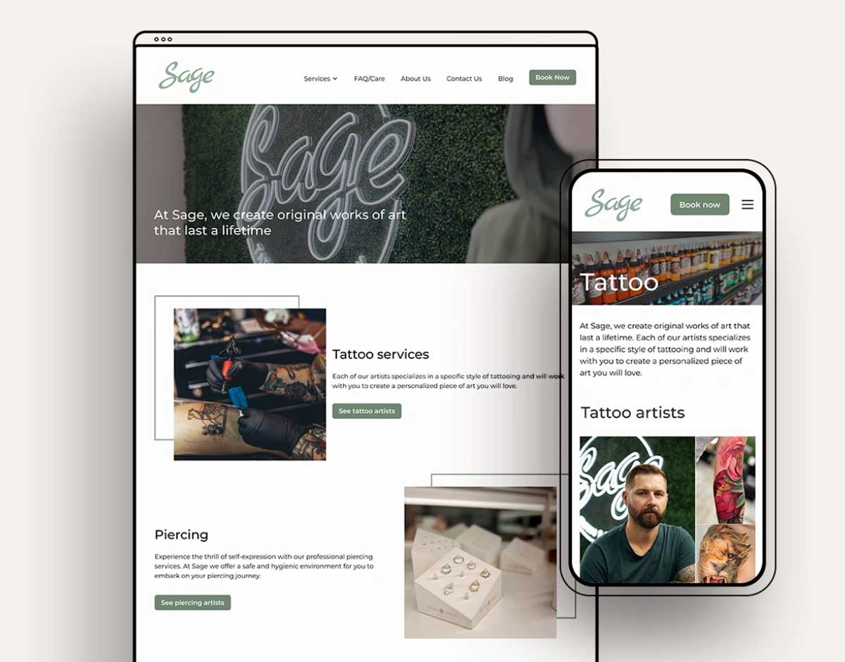 Screenshot of a responsive design project for a tattoo shop. 