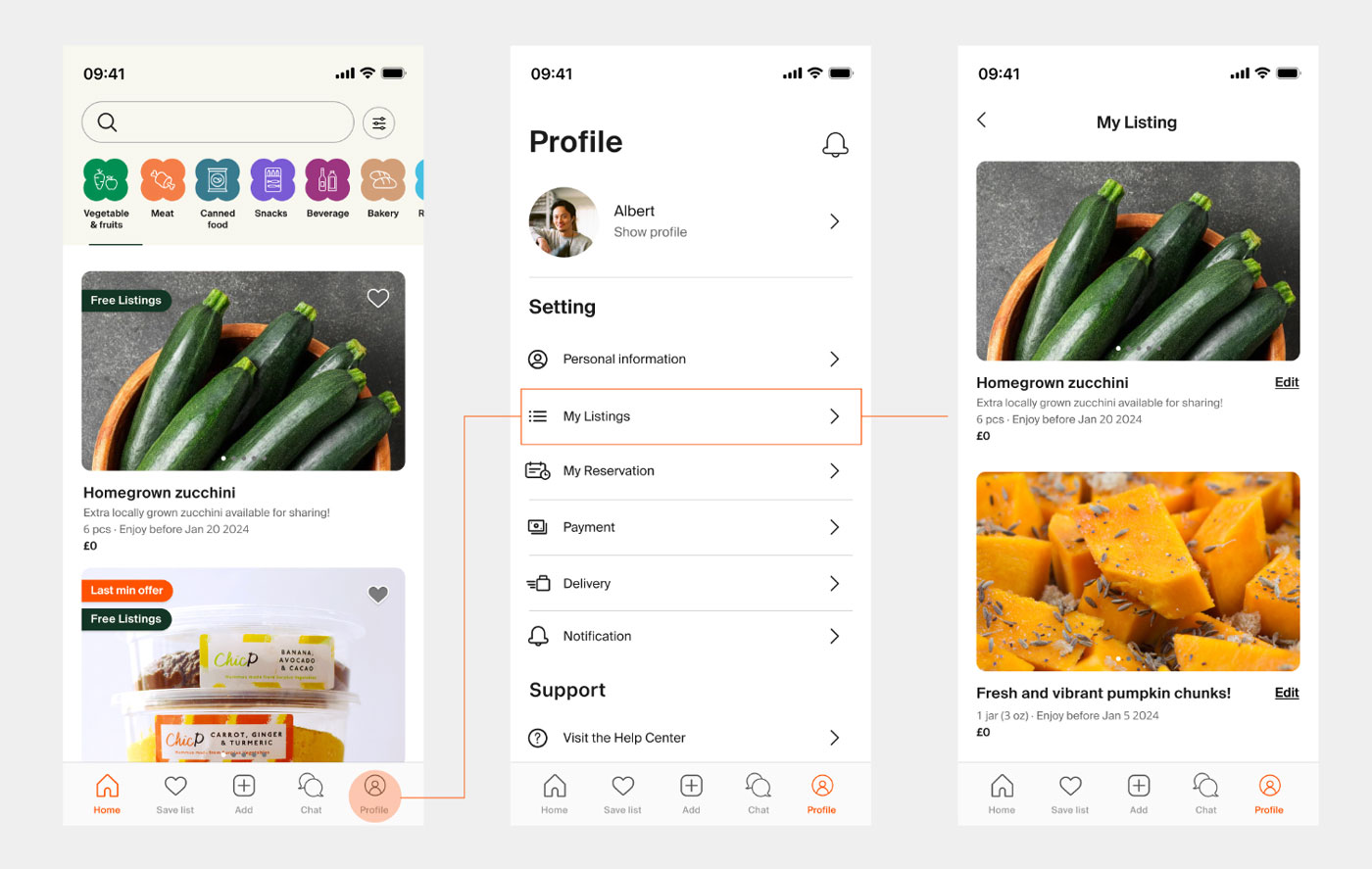 Screens from an app that aims to help reduce food waste.