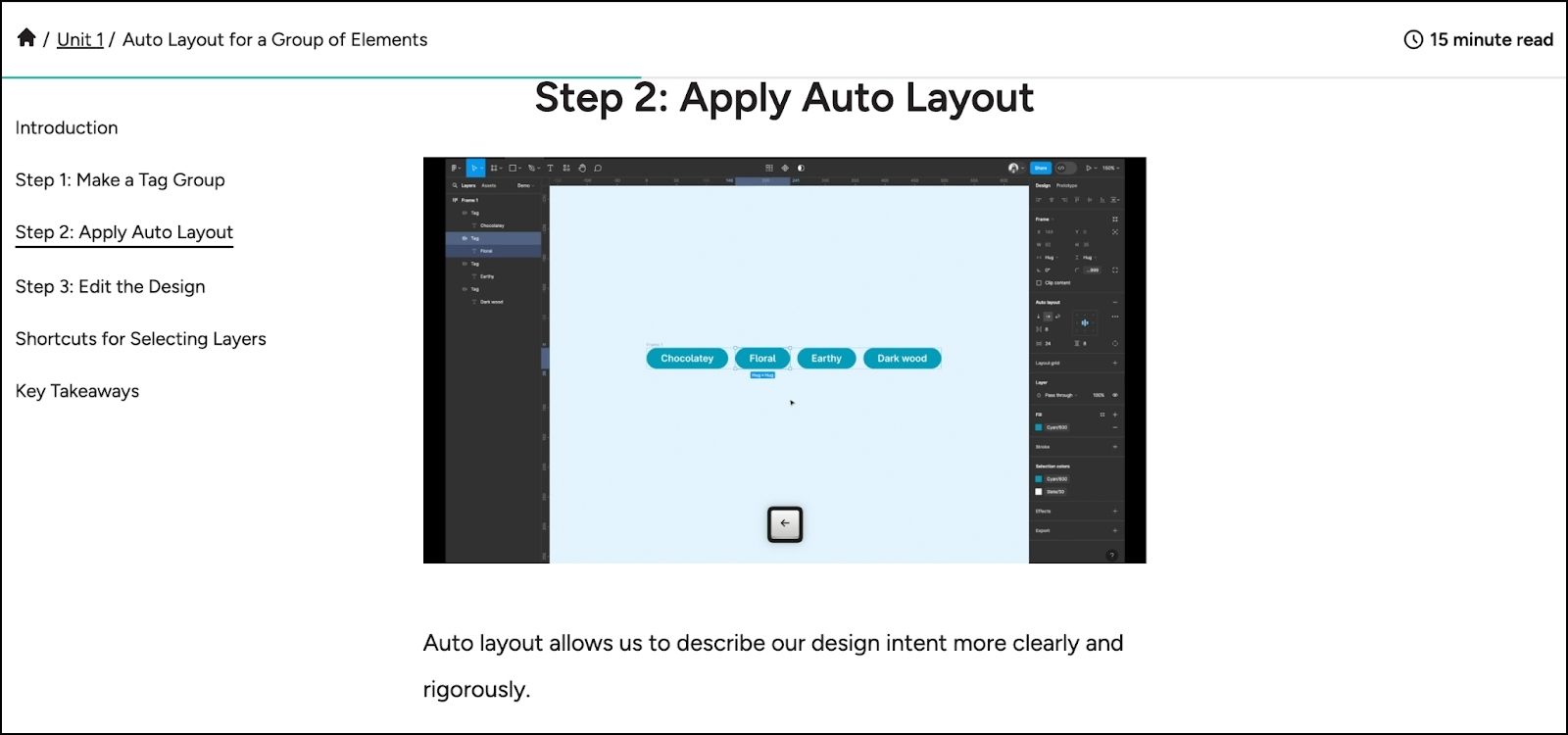 Screenshot of video-based lesson about auto layout from Advanced Figma curriculum.