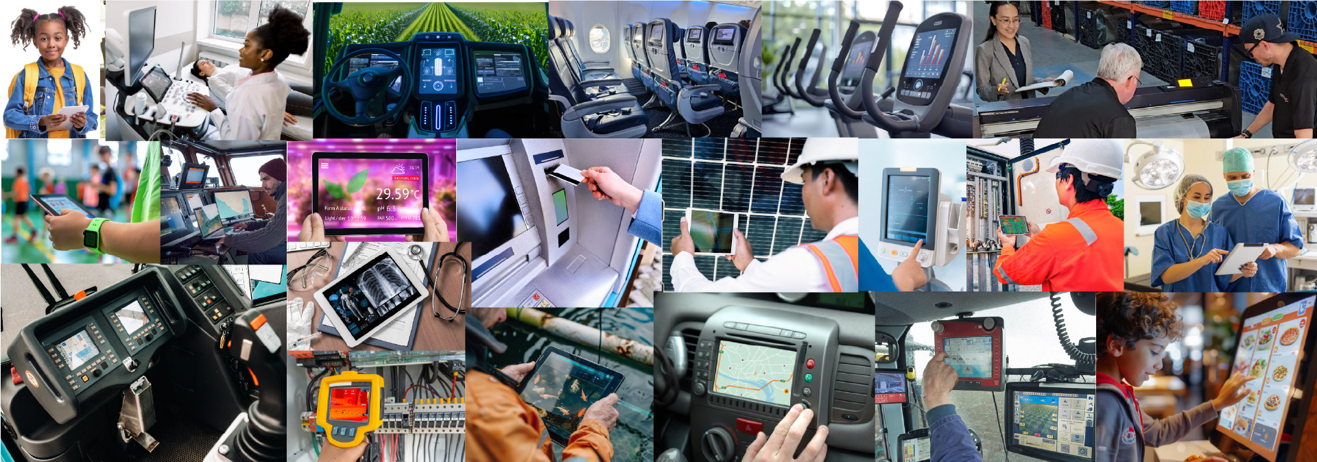 Collage of various industries using technology, including healthcare, agriculture, manufacturing, transportation, and retail.