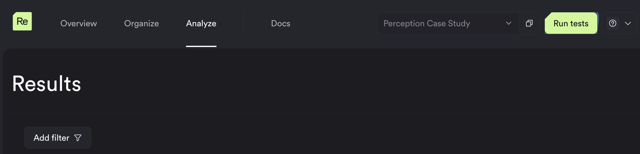The "Run tests" button sits in the upper right of the screen.
