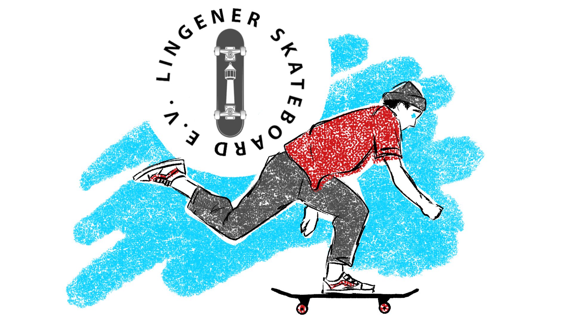 Illustration of a skateboarder wearing a red shirt, gray pants, and a hat riding a skateboard with blue abstract background and circular logo reading 'Lingener Skateboard EV'.