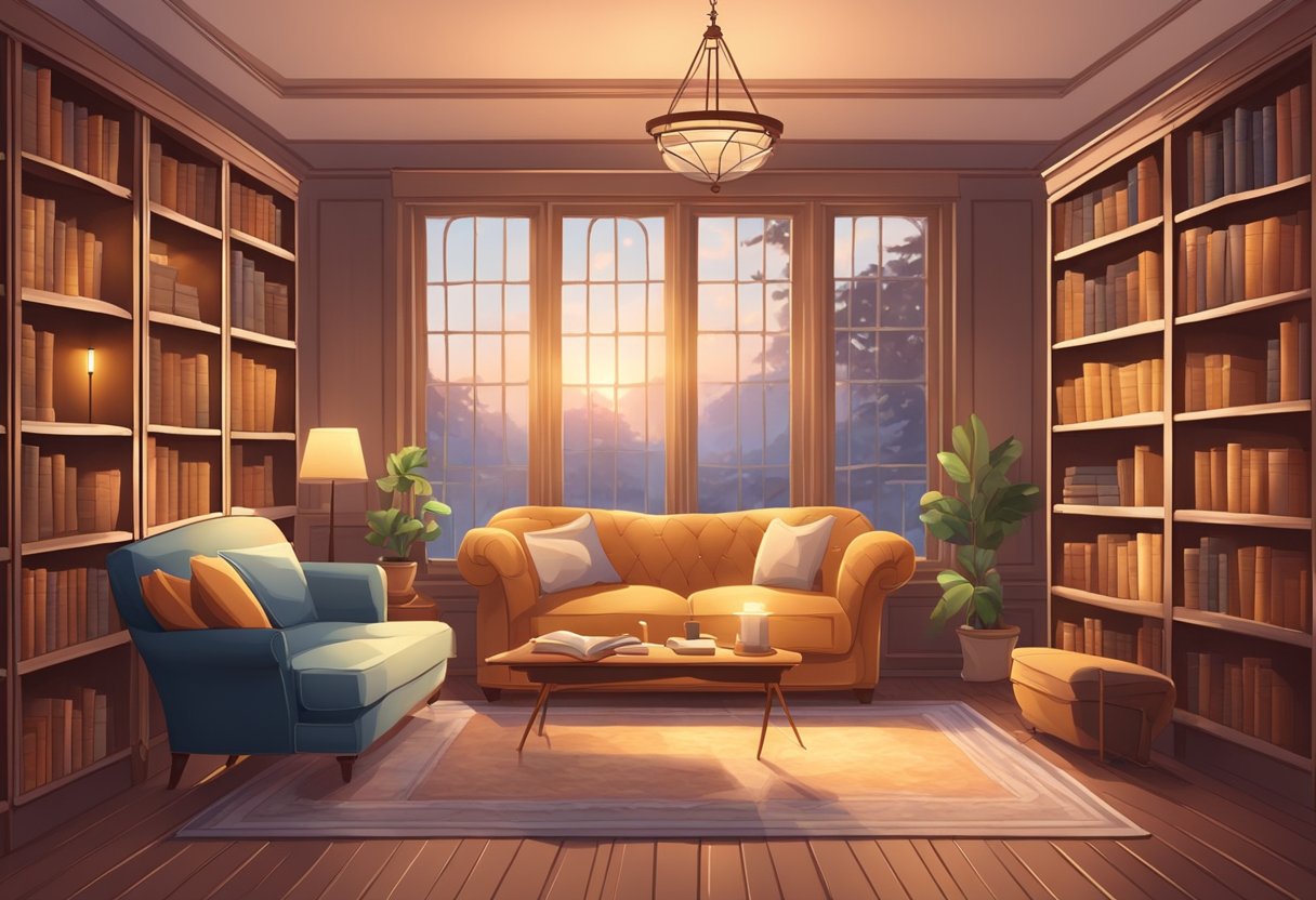 A cozy library with bookshelves lining the walls, a crackling fireplace, and a comfortable armchair bathed in warm, soft light