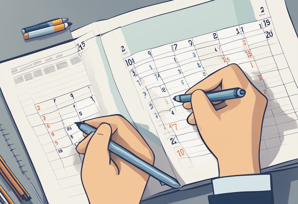 A hand holding a pen, writing a letter of intent with a calendar in the background showing timelines