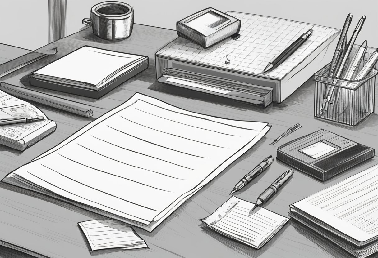 A hand-written letter on a desk, surrounded by a pen, ruler, and other office supplies. A stamp and envelope are nearby, ready to be used