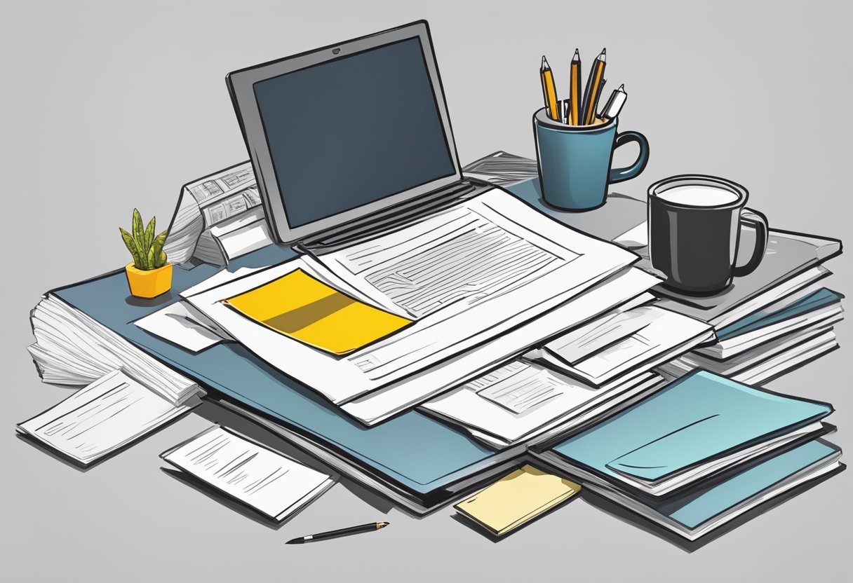 A desk with a laptop, pen, and paper. A stack of documents labeled