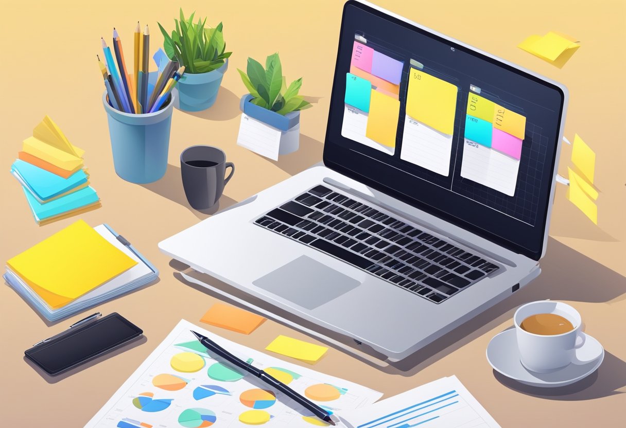 A table with a laptop, documents, and a pen. Post-its with improvement ideas. Charts showing progress. A calendar with deadlines