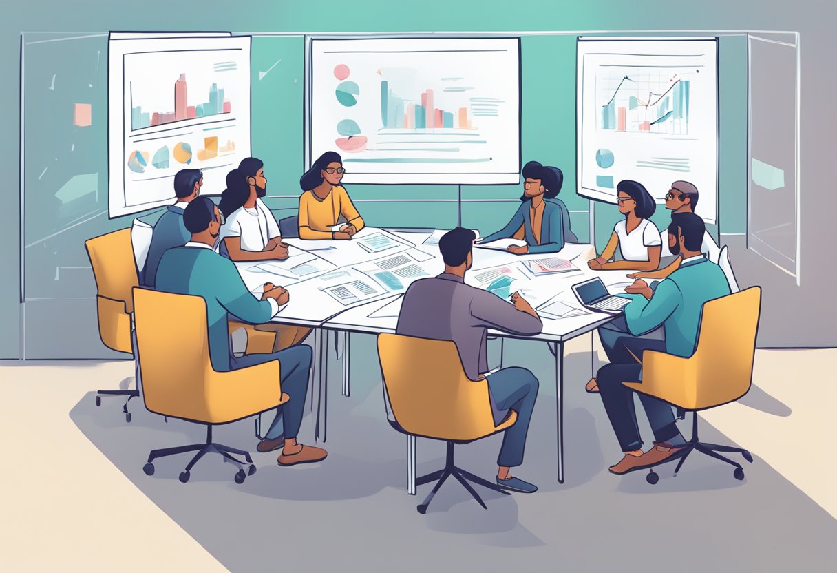 Team members brainstorm around a table, sharing ideas and writing notes on a whiteboard during an RFP collaboration session