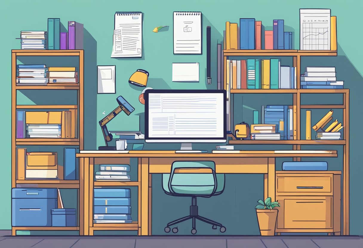 A desk with a computer, pen, and paper. A bookshelf filled with bid writing resources. A whiteboard with bullet points outlining 10 skills