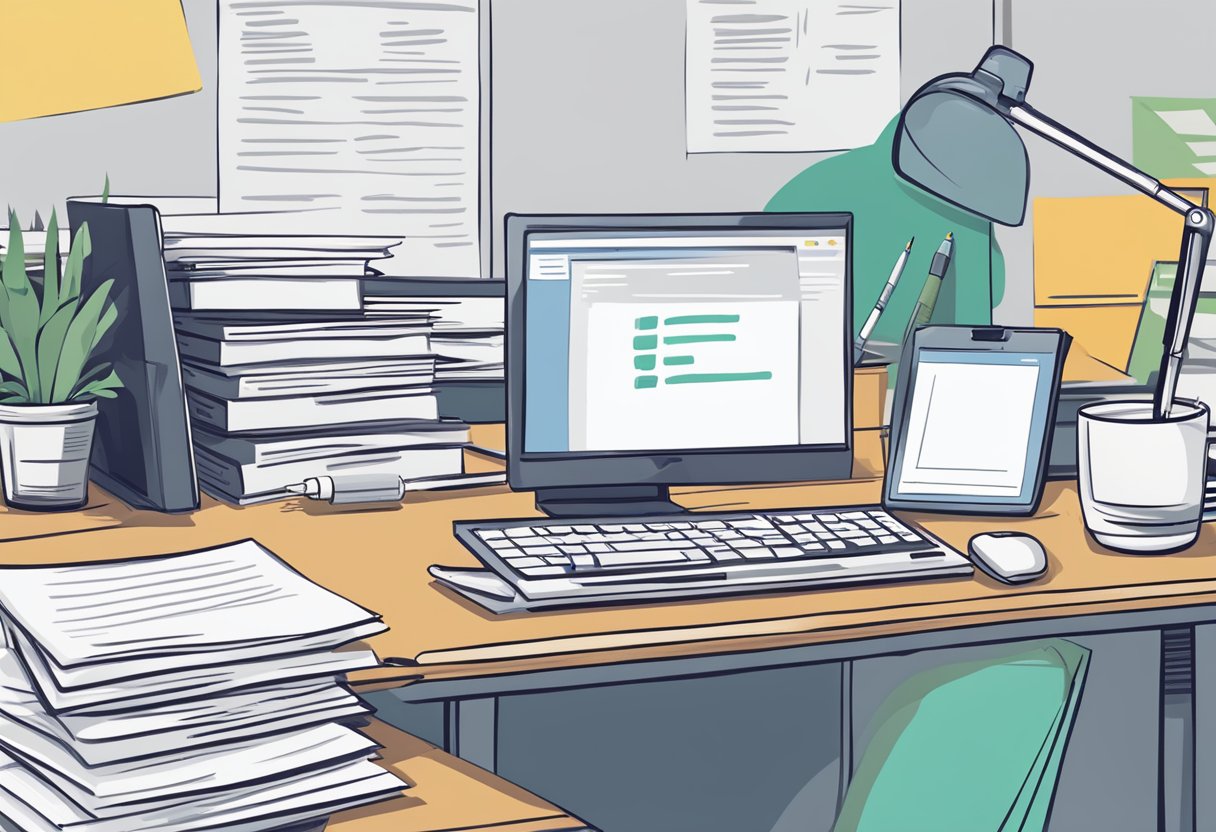 A desk with a computer, notepad, and pen. A whiteboard with 