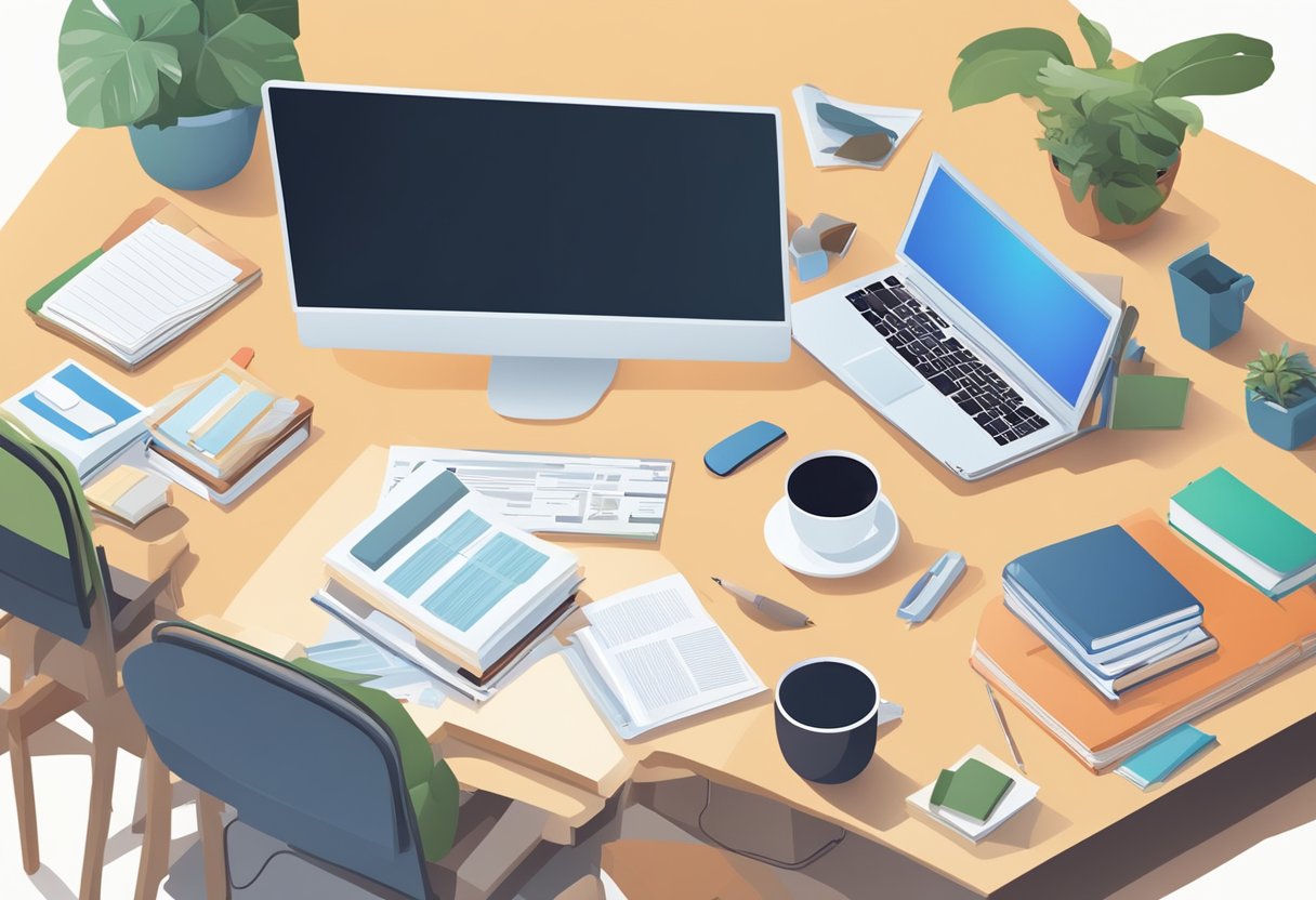 A desk with a computer, research materials, and a notepad. A person is typing and organising documents. Books and articles are scattered around