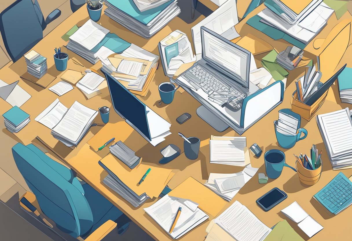 A desk cluttered with papers, a computer, and a phone. A confident manager writing a persuasive bid, surrounded by books on writing skills