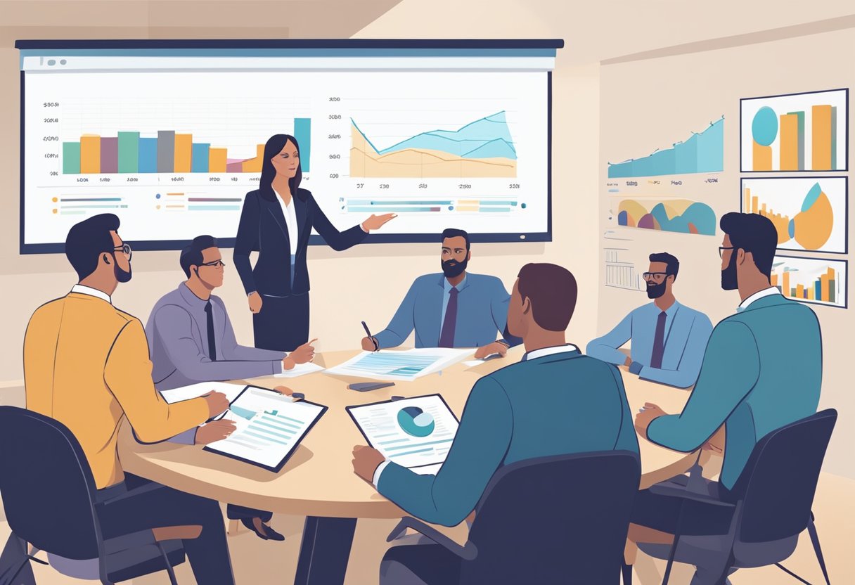 A group of bid writing managers discussing financial acumen skills in a boardroom, with charts and graphs displayed on a projector screen